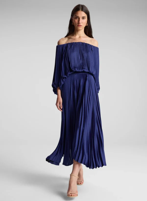 Women A.L.C. Dresses>Sienna Satin Pleated Off Shoulder Dress