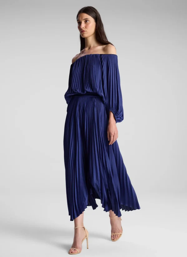 Women A.L.C. Dresses>Sienna Satin Pleated Off Shoulder Dress