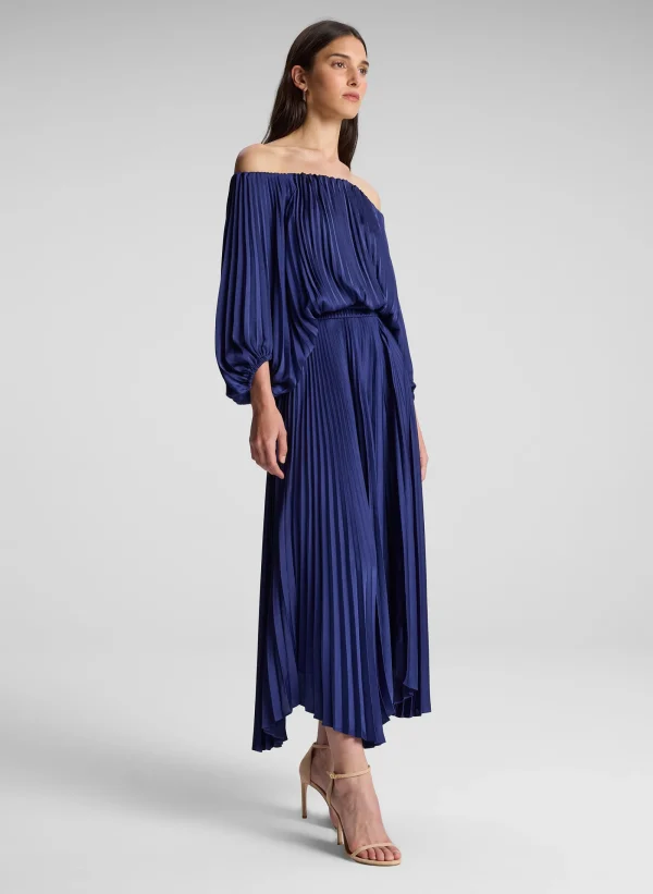 Women A.L.C. Dresses>Sienna Satin Pleated Off Shoulder Dress