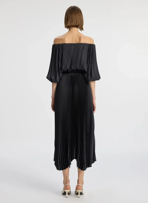 Women A.L.C. Dresses>Sienna Satin Pleated Off Shoulder Dress